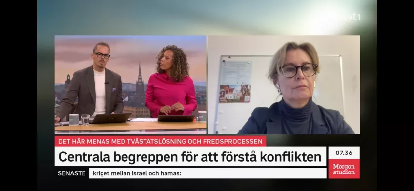 A photo of Karin Aggestam participating in an interview on live tv. A photo of the morning show hosts. 