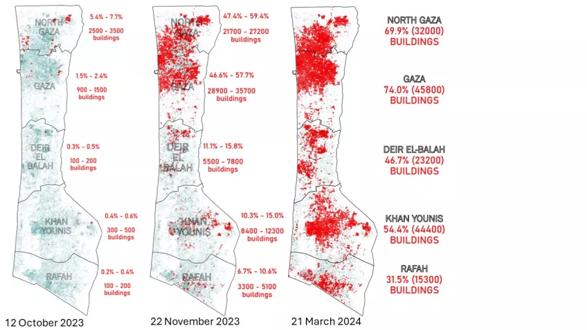 Estimated damaged buildings in Gaza, Palestine, based on Sentinel-1 radar, OpenStreetMap and Microsoft Building Footprint data, by Jamon Van Den Hoek and Corey Scher, Decentralized Damage Mapping Group (DDMG). 