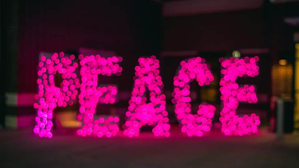 The word "PEACE" in pink capital letters