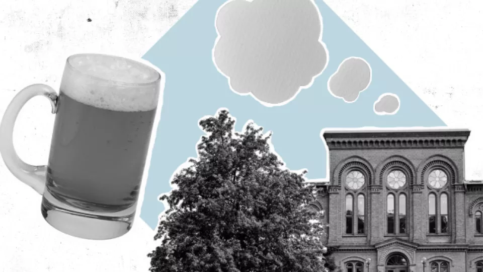 A photo of the Pufendorf building, a pint of beer and some thought bubbles such as those used in cartoons.