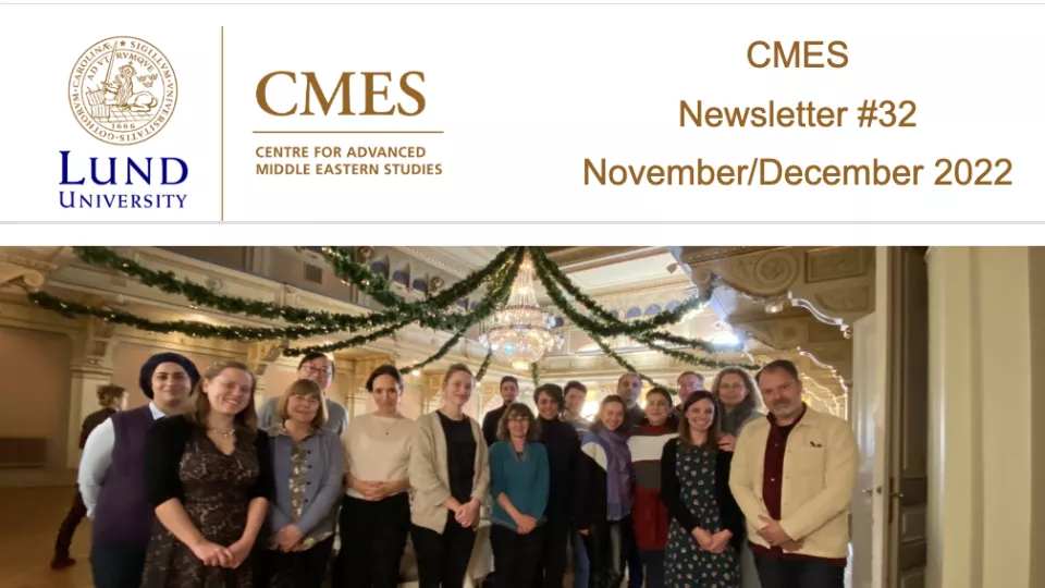 Cover of the CMES Newsletter with a photo of the CMES building and a photo of the staff at CMES
