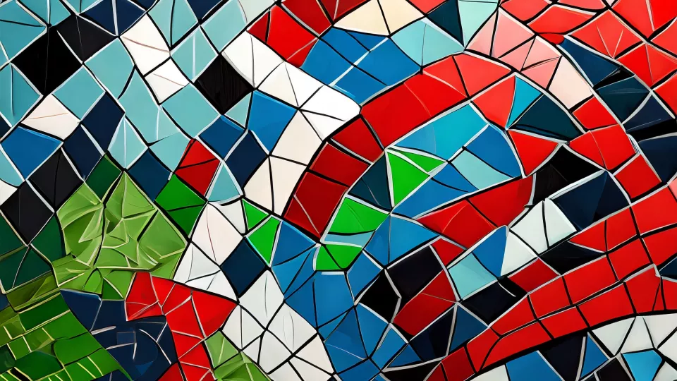 Mosaic of red, black, green, white and blue squares.