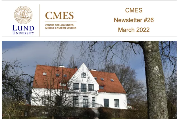 The cover of the CMES Newsletter from March 2022. A photo of the CMES building on a lawn full of yellow spring flowers.