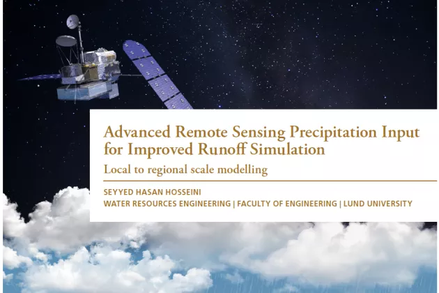 Cover of Hasan's PhD thesis. A photo of a space satellite above a rain cloud. Beneath the rain cloud, is the skyline of a city and a field of green grass. 