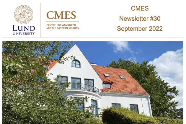 Cover of the CMES Newsletter with a photo of the CMES building and two photos of the CMES team.