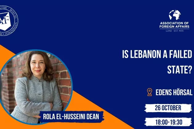 A photo of Rola El-Husseini Dean and the title of her lecture: Is Lebanon a failed state?