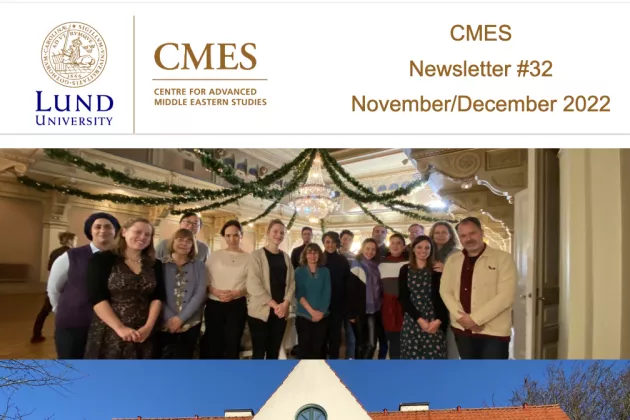 Cover of the CMES Newsletter with a photo of the CMES building and a photo of the staff at CMES