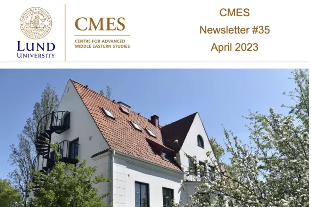 The cover of the CMES newsletter with a photo of the white CMES building and a tree with white flowers.