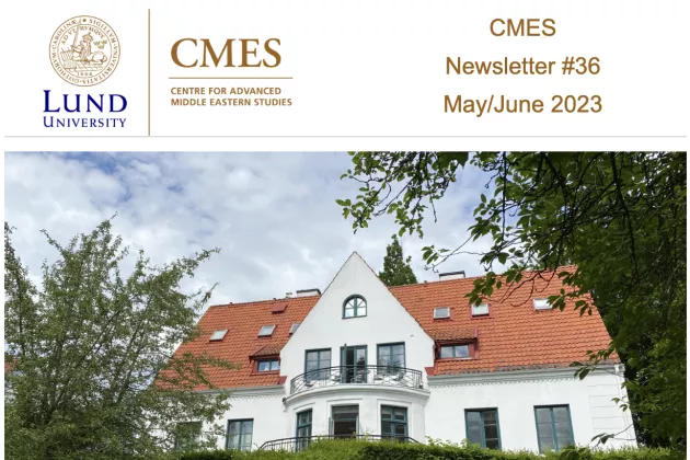 A cover of the CMES newsletter with a photo of the CMES building surrounded by trees. The CMES Staff are sitting at tables on the lawn in front of the building.