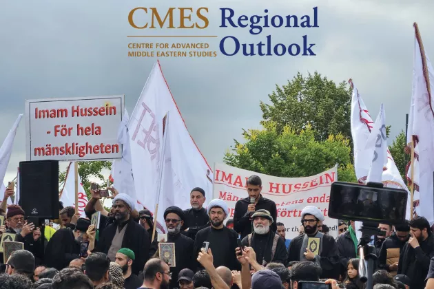 A photo of a procession of Muslims holding signs and Qur'ans. The text "CMES Regional Outlook"