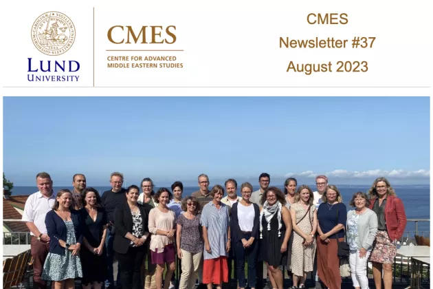 Cover of the CMES Newsletter. Photo of CMES's staff standing outside in front of the sea. A photo of the CMES building behind an apple tree. A bowl of apples.