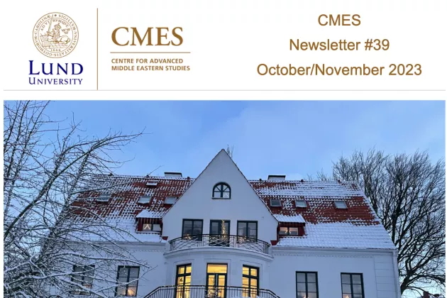 Cover of the CMES Newsletter. A photo of the CMES building in a snowy landscape with Christmas lights in the windows.