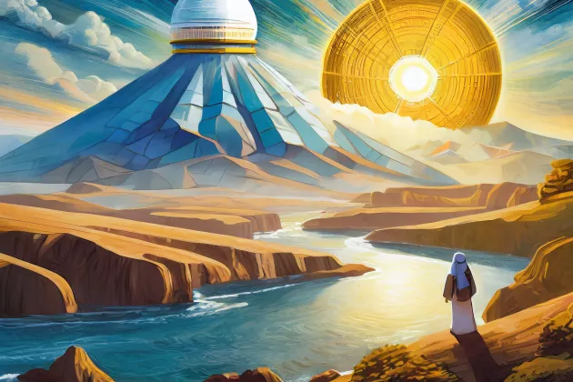 A futuristic country with a huge sun behind a mountain. On top of the mountain there is a circular dome.