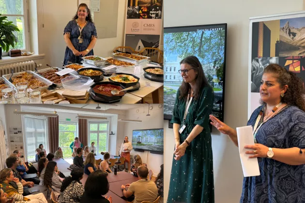 A collage of photos: Rafah standing next to a table filled with food; Rafah and Maria standing infront of a group of people; and a group of people sitting at tables.