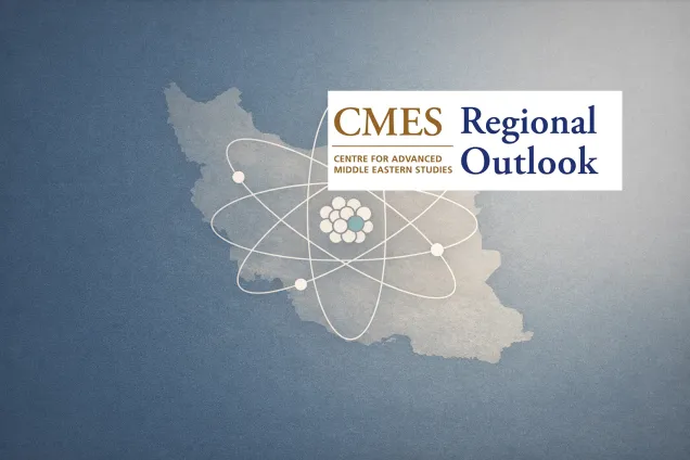 Map of Iran with atom above and regional outlook logo