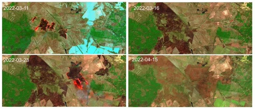 Satellite images show fires in an agricultural area in the southwestern part of Chernobyl during the months of March and April.