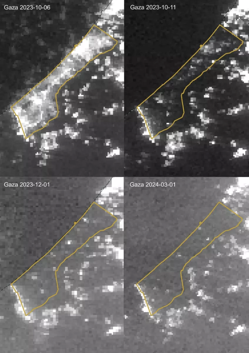 Night time light brightness in Gaza, Palestine, between October 2023 and March 2024, captured by NASA Suomi NPP/VIIRS.