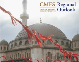 A photo of a string of Turkish flags waving in the air. In the background you can see a mosque. The text "CMES Regional Outlook"